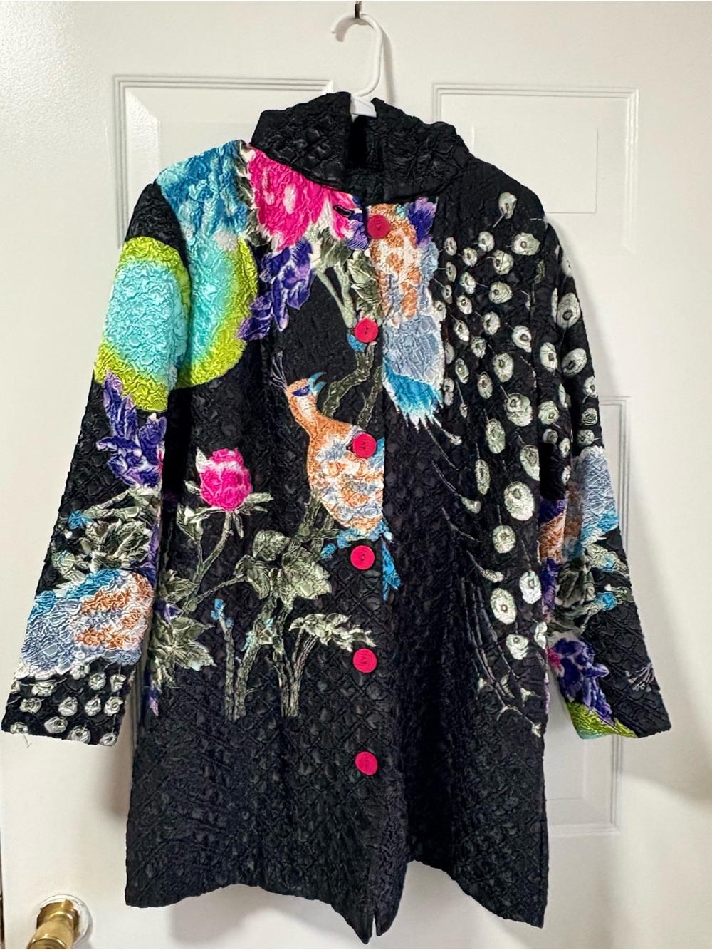 Black Coat with Bright Floral Peacock and Floral Designs 2XL